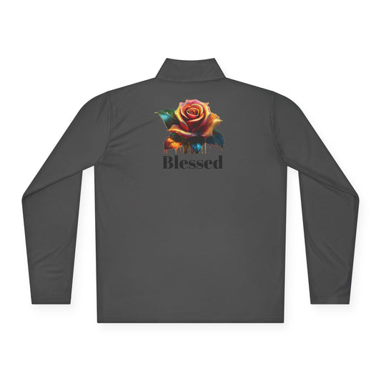 Unisex Quarter-Zip Pullover with Rose Design - Blessed