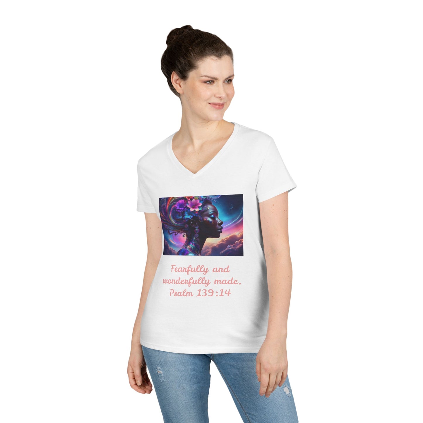 Ladies' V-Neck T-Shirt - Bible Verse 139:14