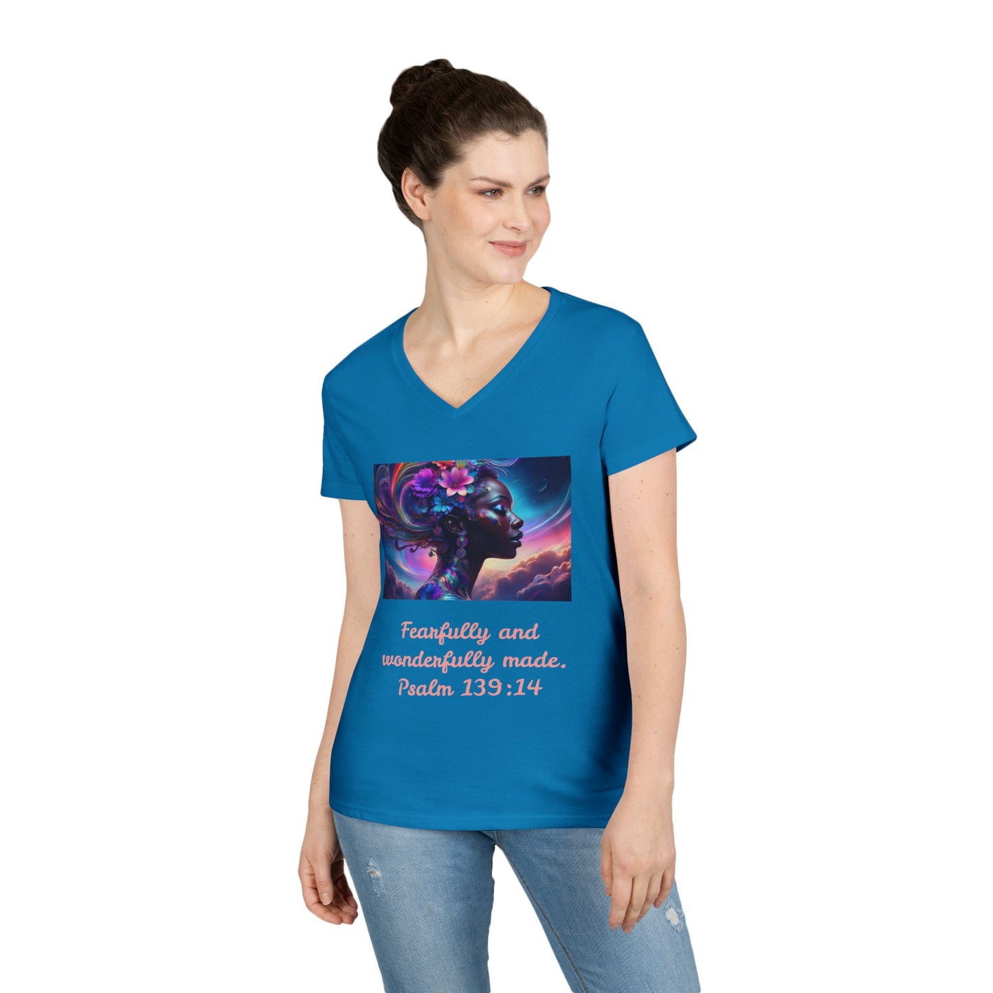 Ladies' V-Neck T-Shirt - Bible Verse 139:14