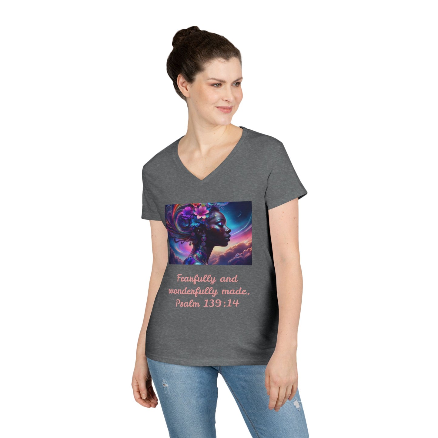 Ladies' V-Neck T-Shirt - Bible Verse 139:14