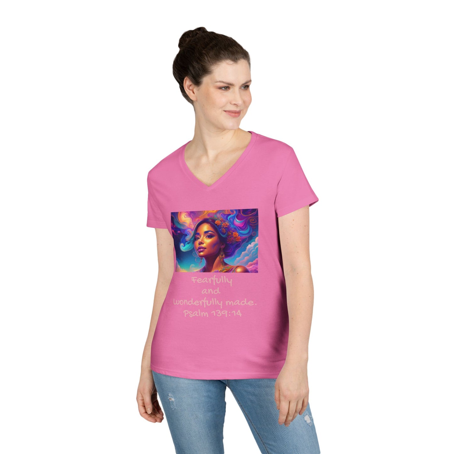 Womans' V-Neck T-Shirt - Bible Verse - Psalm 139:14